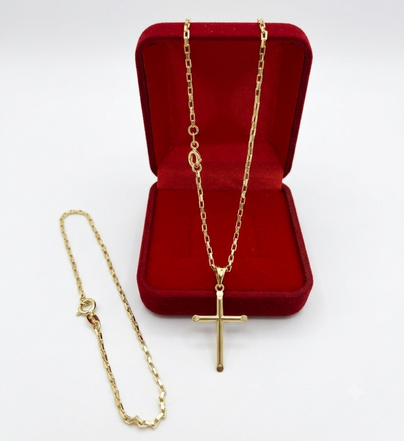 Kit Corrente Com Pingente + Pulseira 2mm 100% Moeda Antiga Banhada a Ouro 18k e Invernizada 65cm feixo com Marcação 18k