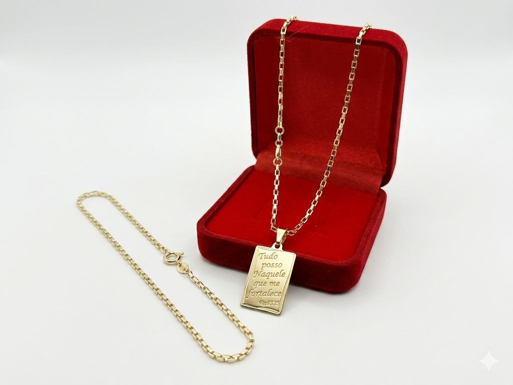 Kit Corrente Com Pingente + Pulseira 2mm 100% Moeda Antiga Banhada a Ouro 18k e Invernizada 65cm feixo com Marcação 18k