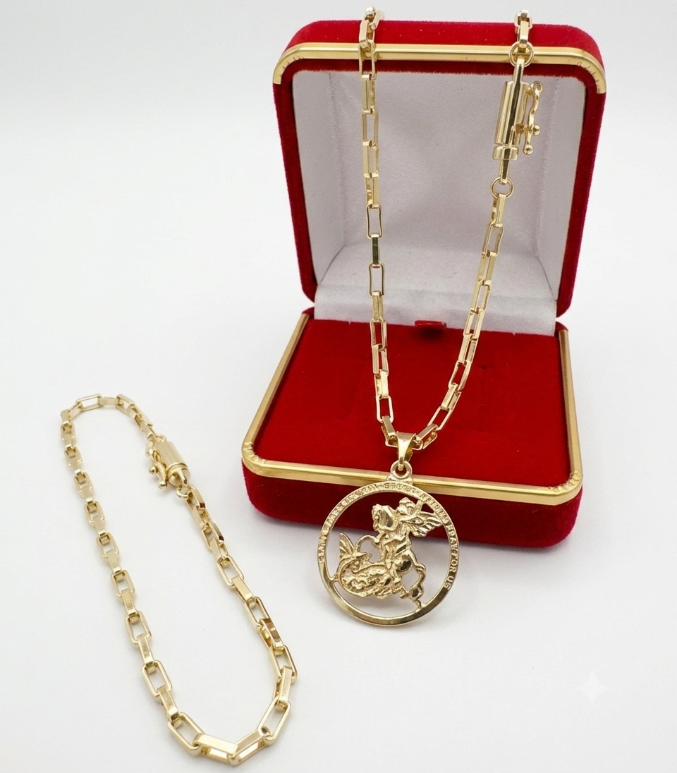 Conjunto Corrente com Pingente + Pulseira Masculina 100% Moeda Antiga Banhada a Ouro 18k e Invernizadas