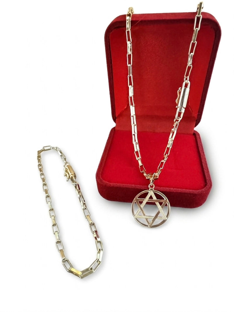 Corrente Masculina Com Pingente e Pulseira 3mm Modelo Tijolinho Moeda Antiga Banhada com 10 Camadas de Ouro 18k e Invernizada kit Conjunto