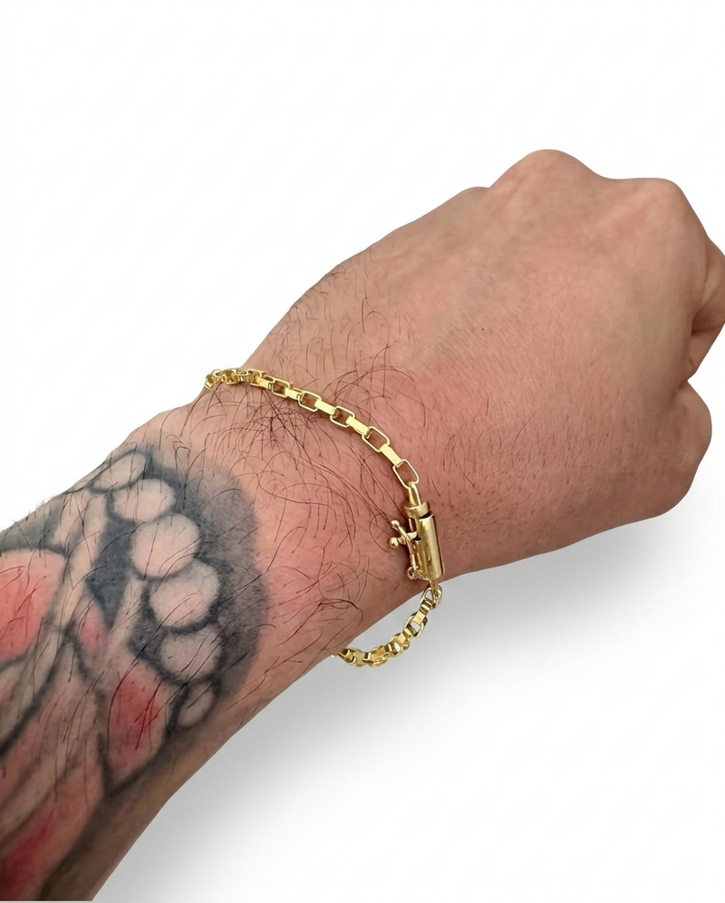 Pulseira Tijolinho Moeda Antiga Banhada a Ouro 18k e Invernizada 3mm Feixo Canhão 10 camadas de banho de Ouro