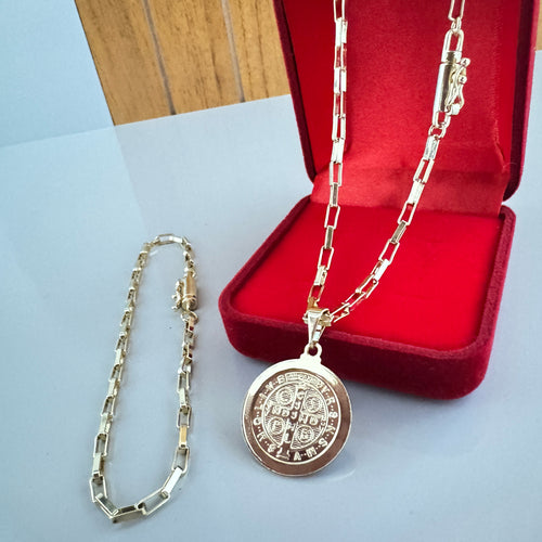 Conjunto Corrente com Pingente + Pulseira Masculina 100% Moeda Antiga com 10 Camadas de Banho de Ouro e Invernizada