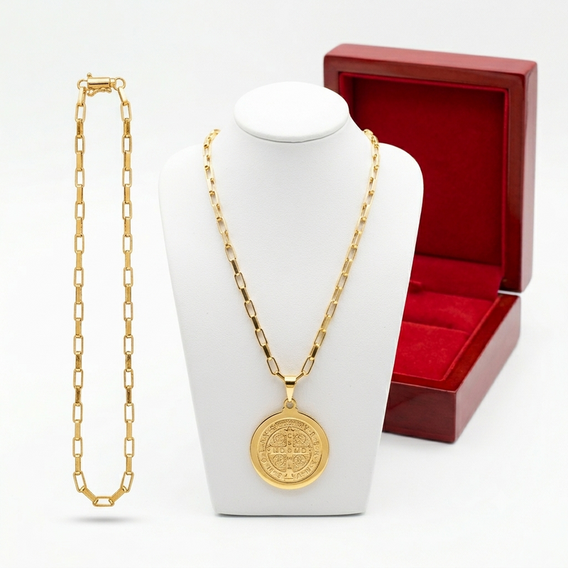 Conjunto Corrente com Pingente + Pulseira Masculina 100% Moeda Antiga com 10 Camadas de Banho de Ouro e Invernizada